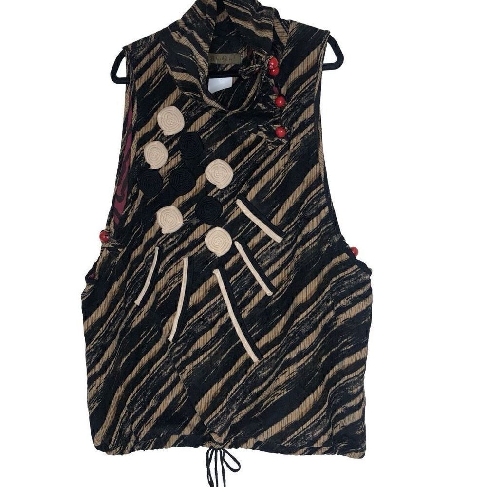 Fun Lagenlook, Artistic, Black & Tan Corduroy Appliqué Tunic Top/Vest Size M